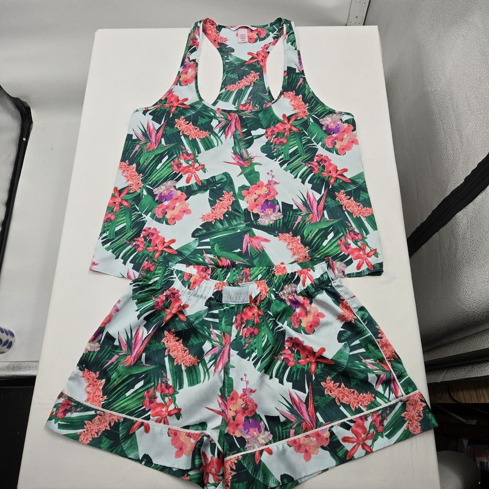Victoria's Secret Satin Pajama Set Sz Small Tropical Floral Print Shorts Tank